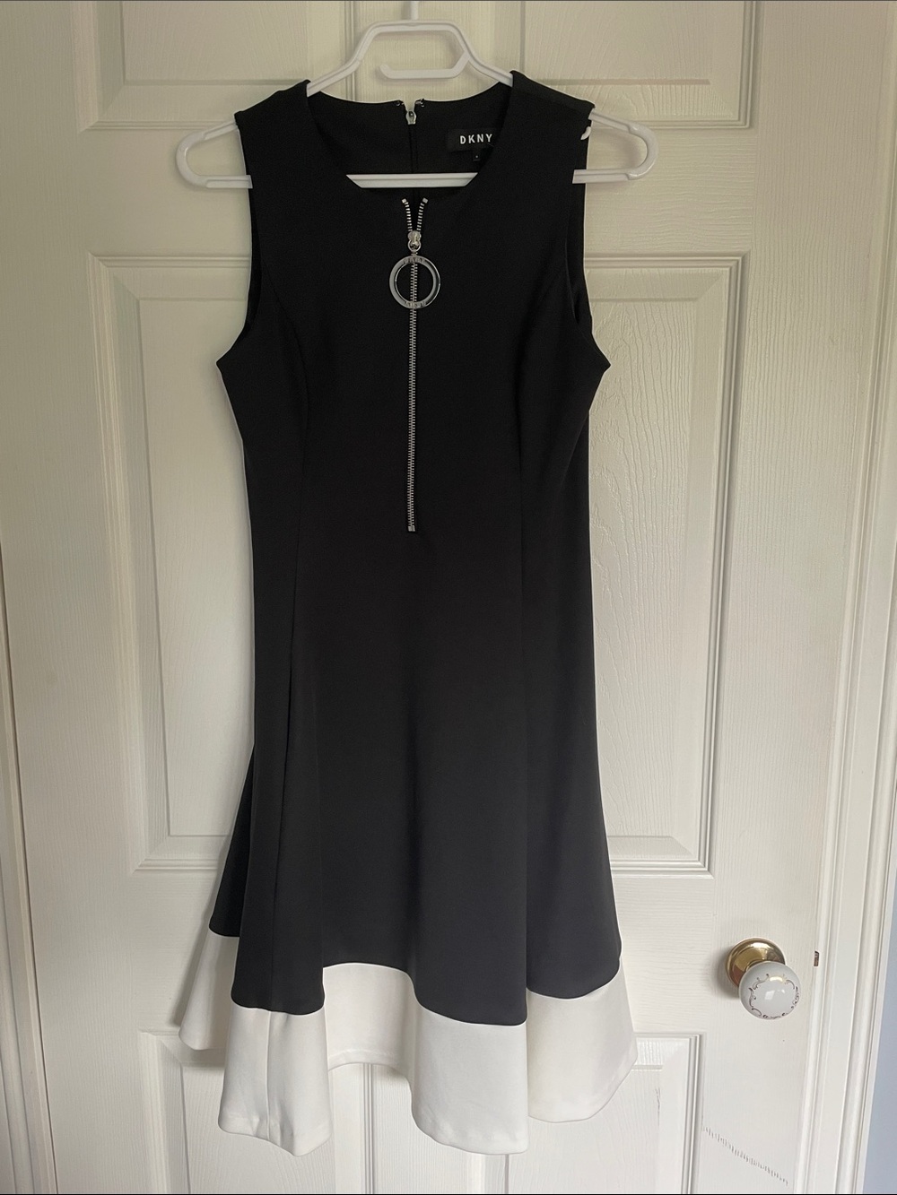 Dkny Black Dress with White Hem and Front Ring-Zip